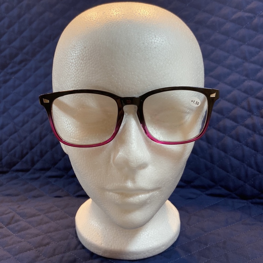 Blue Blocking +1.50 Reading Glasses. New. Flexible Temple. Black & Raspberry